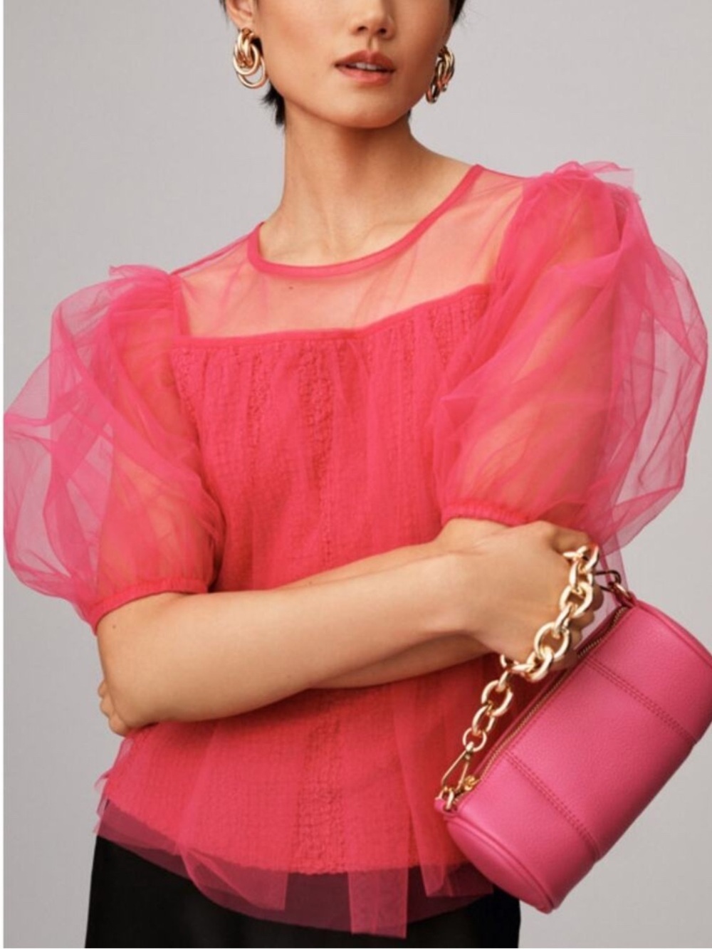 Anthropologie Sheer Magenta Puff Sleeve Top Small